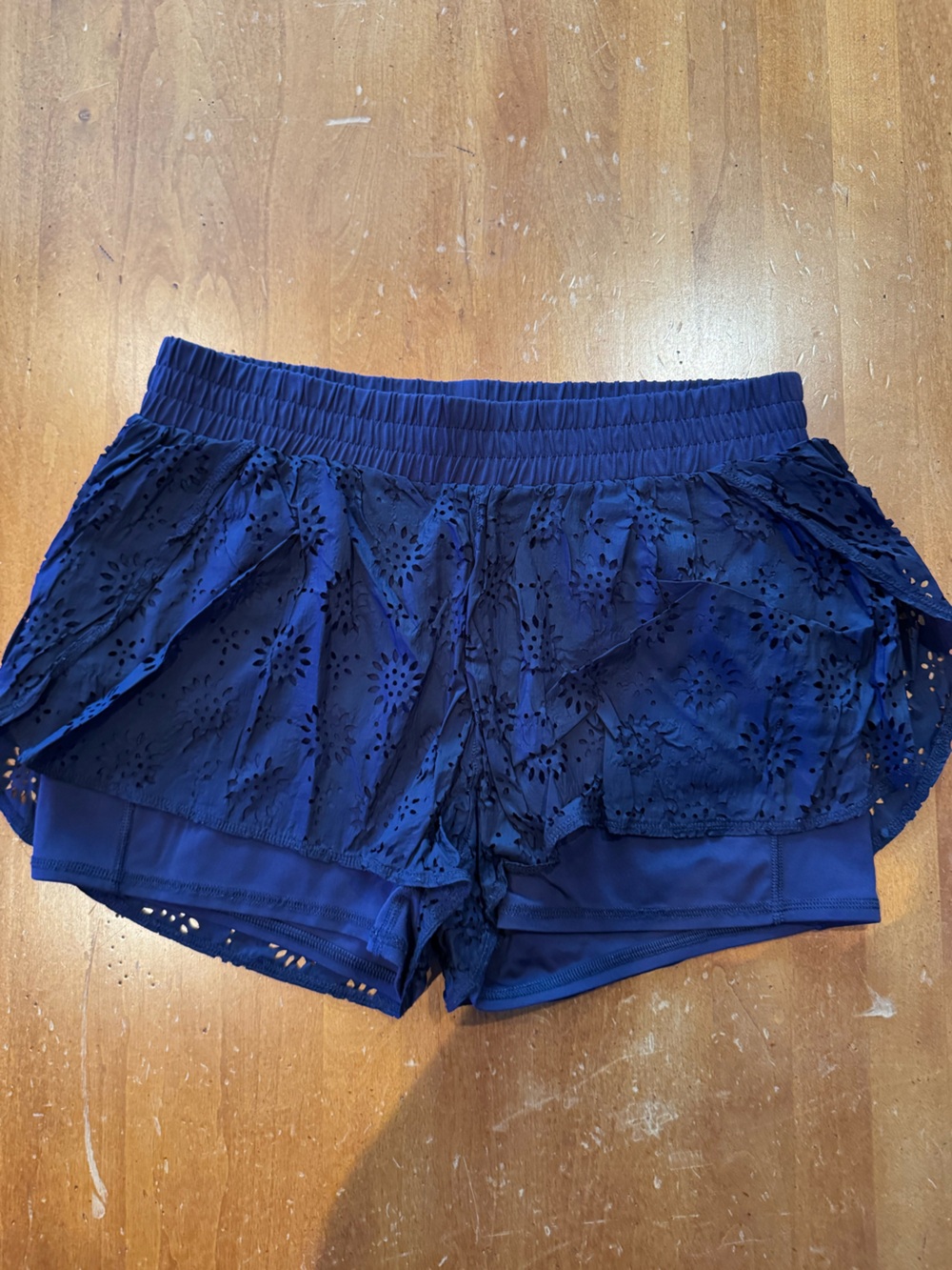 aerie Navy Eyelet Layered Athletic Shorts